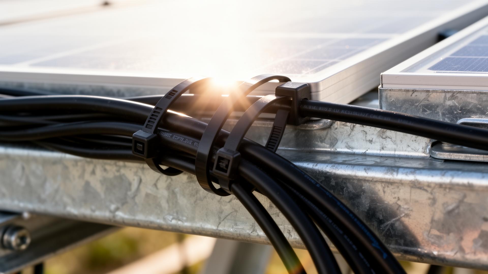 Black UV-resistant cable ties on a galvanized solar mounting rail